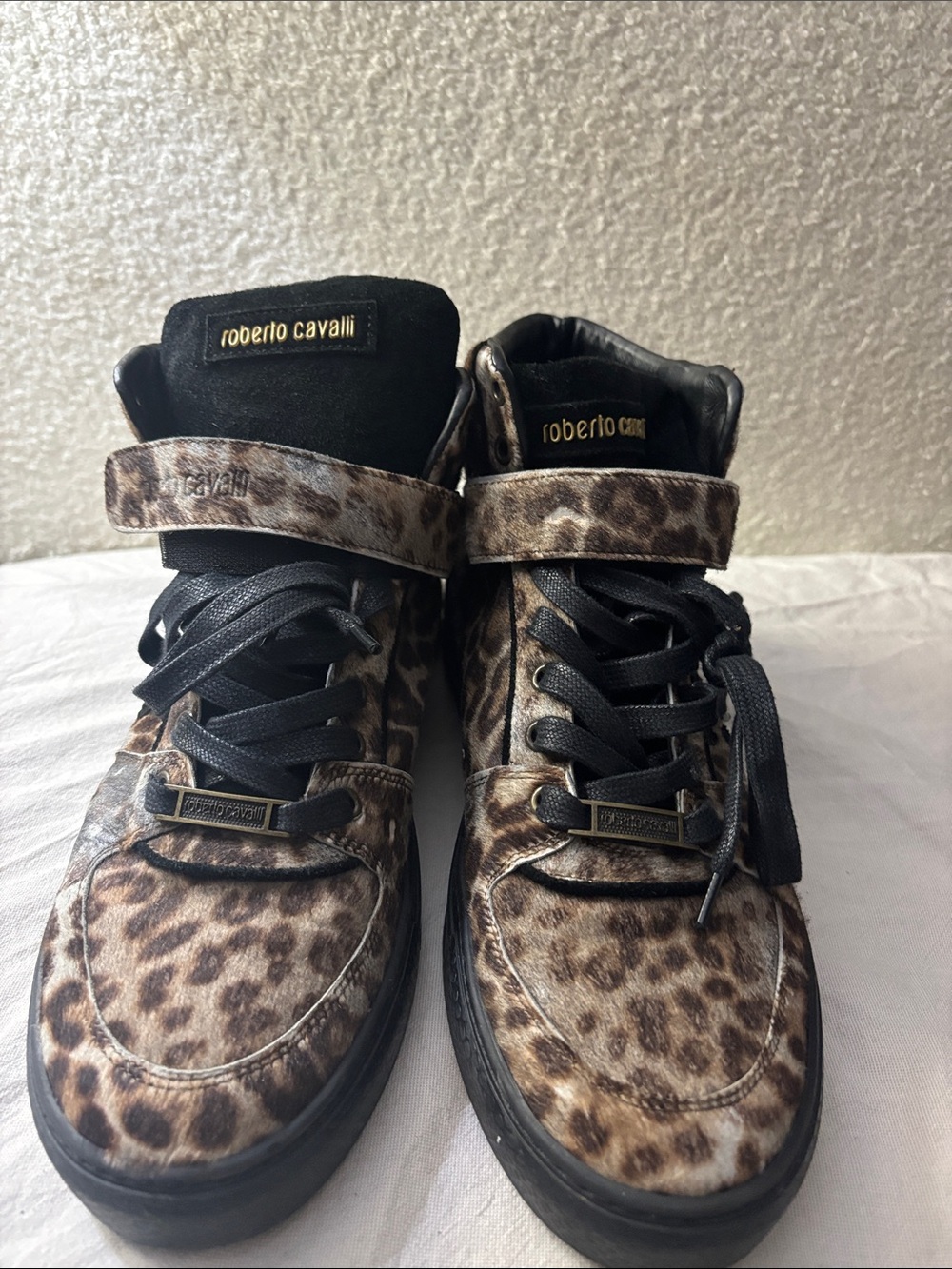 Roberto Cavalli Men's Leopard-Print High Top Sneakers in Brown and Black